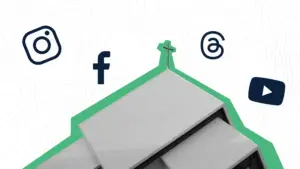 Church outline with social media icons floating around it.