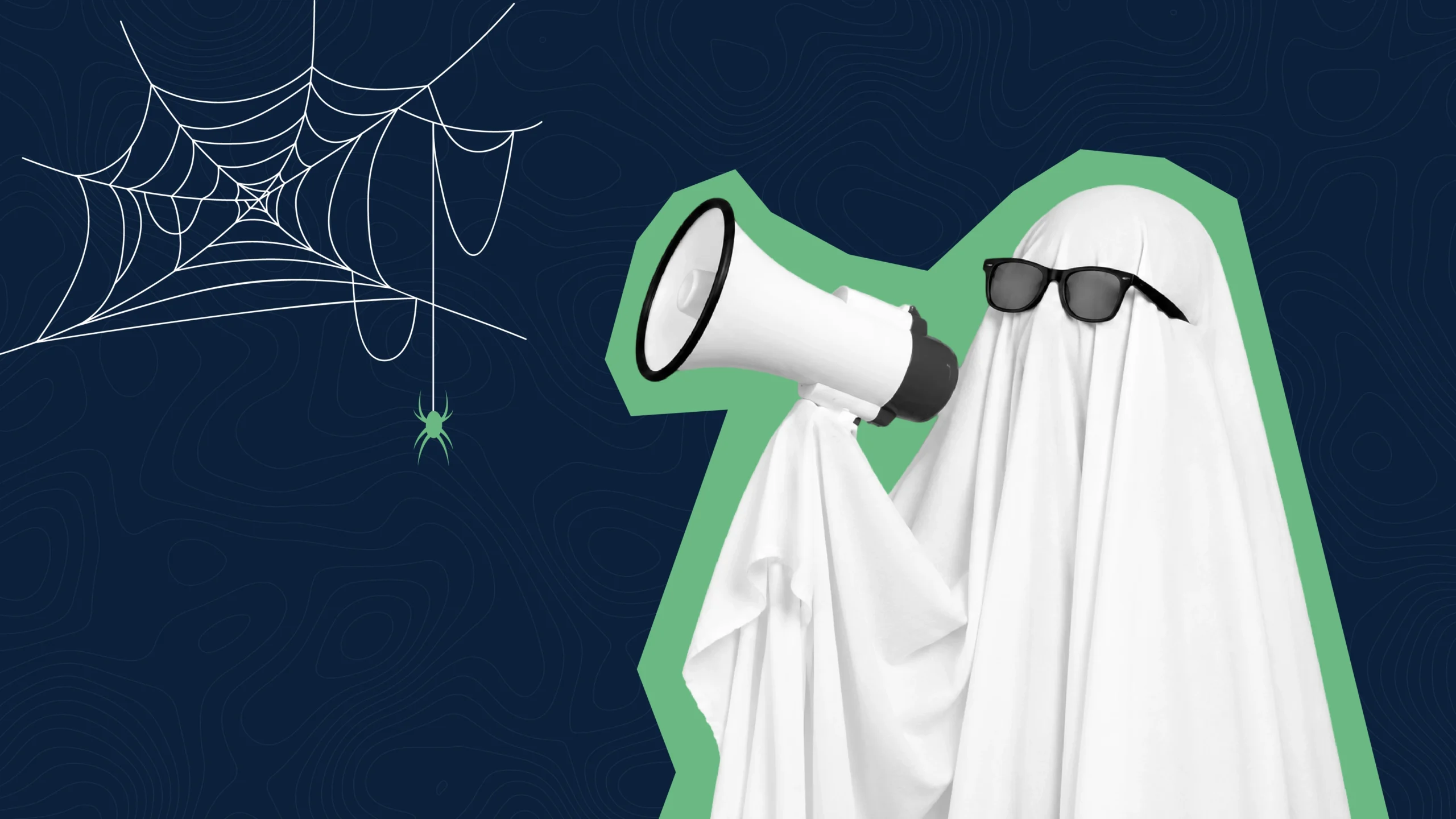 A sheet-draped ghost in sunglasses speaks into a megaphone against a dark navy background, with a white spiderweb and a small green spider at upper left.