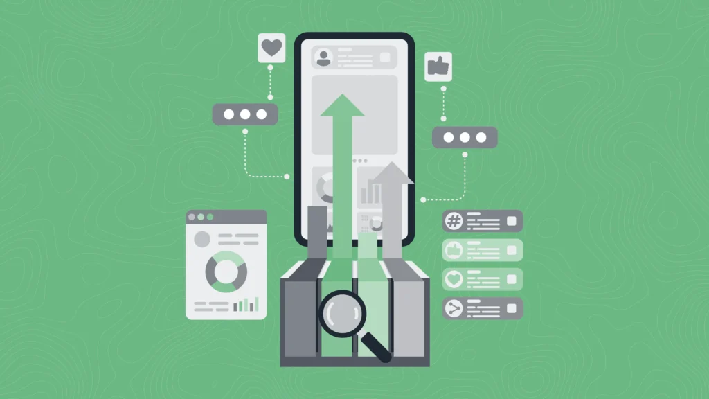A flat illustration on a green background of a phone screen with rising arrows and a magnifying glass over bar charts, surrounded by social media icons, comment bubbles, and a donut-chart dashboard.